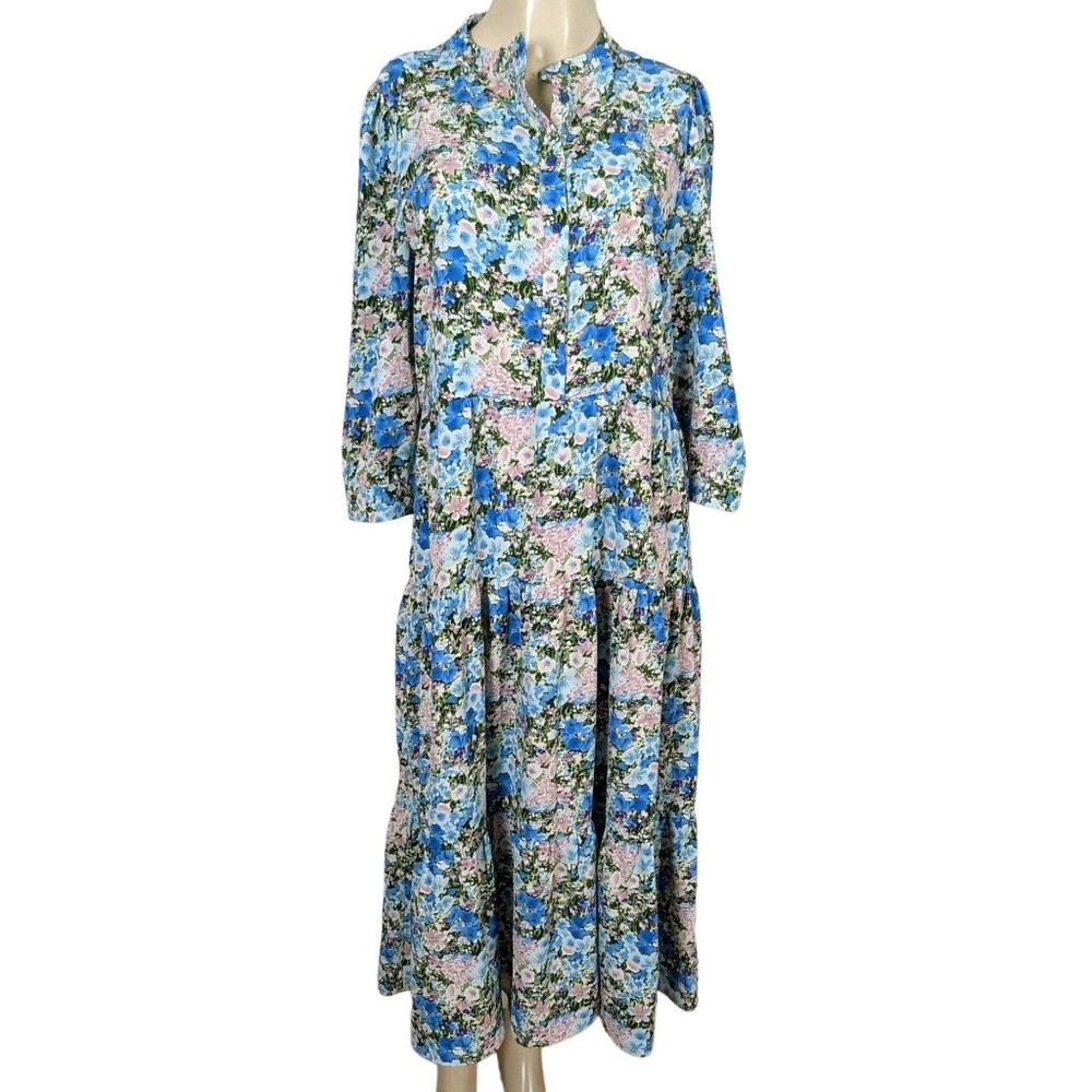 LOLLYS LAUNDRY Copenhagen 3 tiered ruffle maxi bohemian‎ floral blue dress sz S